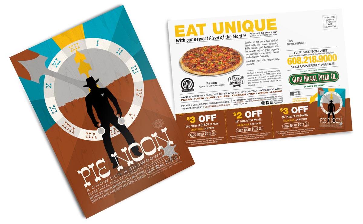 Direct Mail design for Glass Nickel Pizza's Pizza of the Month, Pie Noon