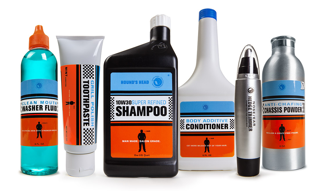 Packaging design for Hound's Head Mouth Wash, Toothpaste, Shampoo, Conditioner, Nose Trimmer, and Anti Chafing Powder