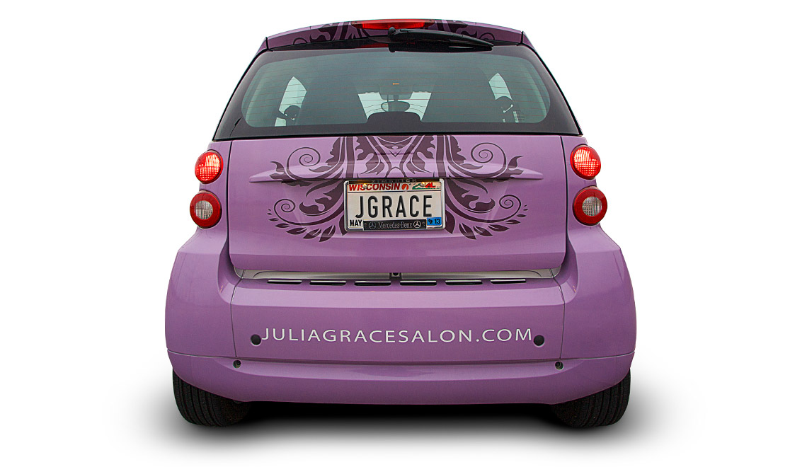 Julia Grace Salon car wrap design shown from the back