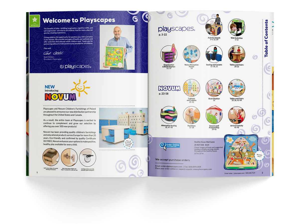 Catalogue spread design for pages 1 and 2 for Playscapes