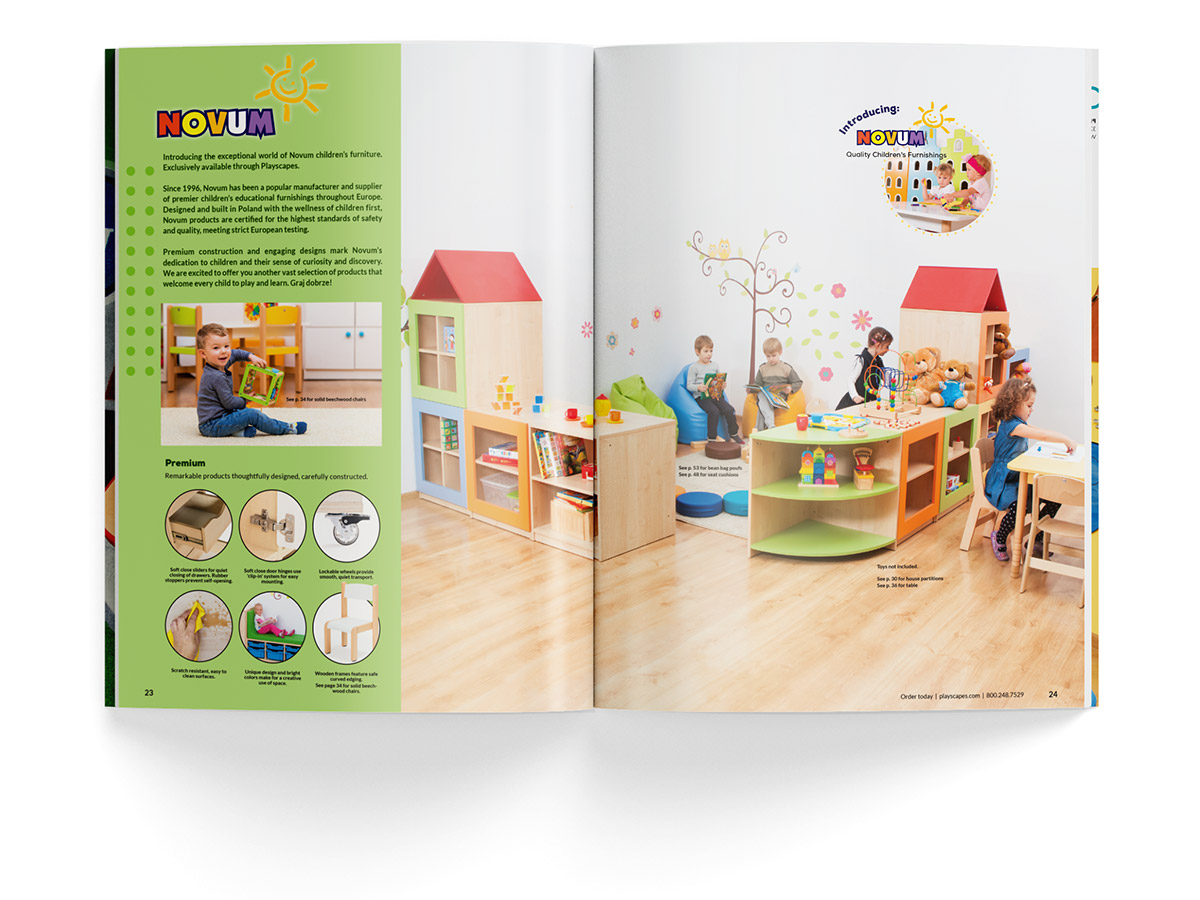 Catalogue spread design for pages 23 and 24 for Playscapes