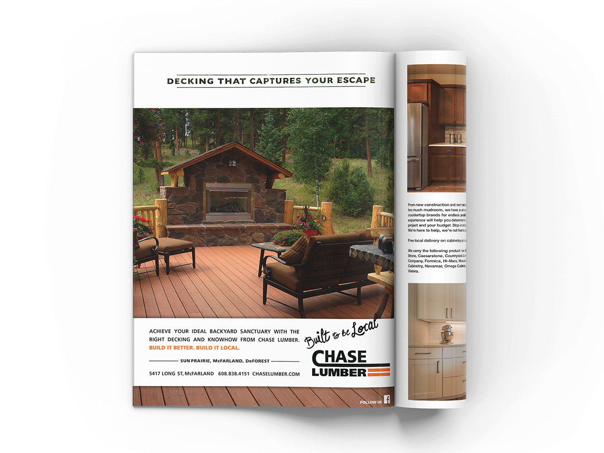 Full page magazine advertisement design featuring a beautiful cabin styled deck